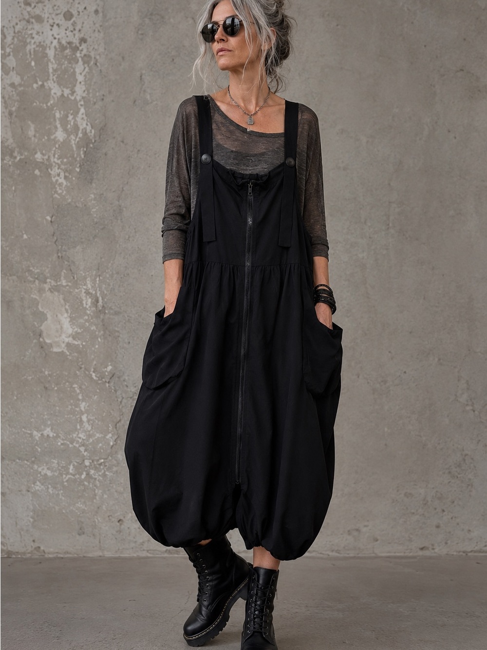 CYARD Black Lagenlook Oversized Zip Front Balloon Hem Jumper Dress Pockets L-XL
